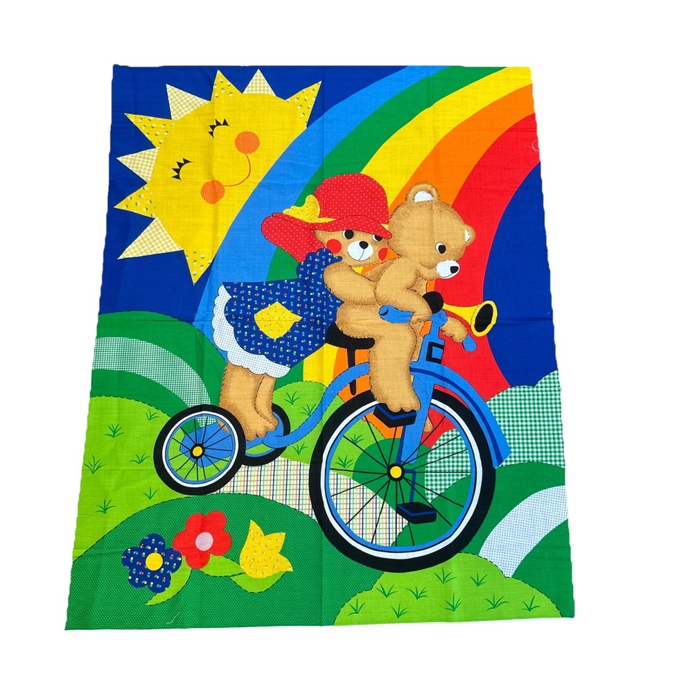 VTG Arley Fabric Bears Tricycle Sun Rainbow Colorful Flowers 45" X 35"